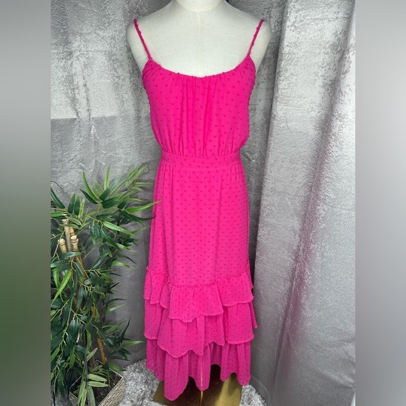 Lulus Tiers and Applause Hot Pink Swiss Dot Tie-Back Tiered Midi Dress Sz S - Picture 3 of 13